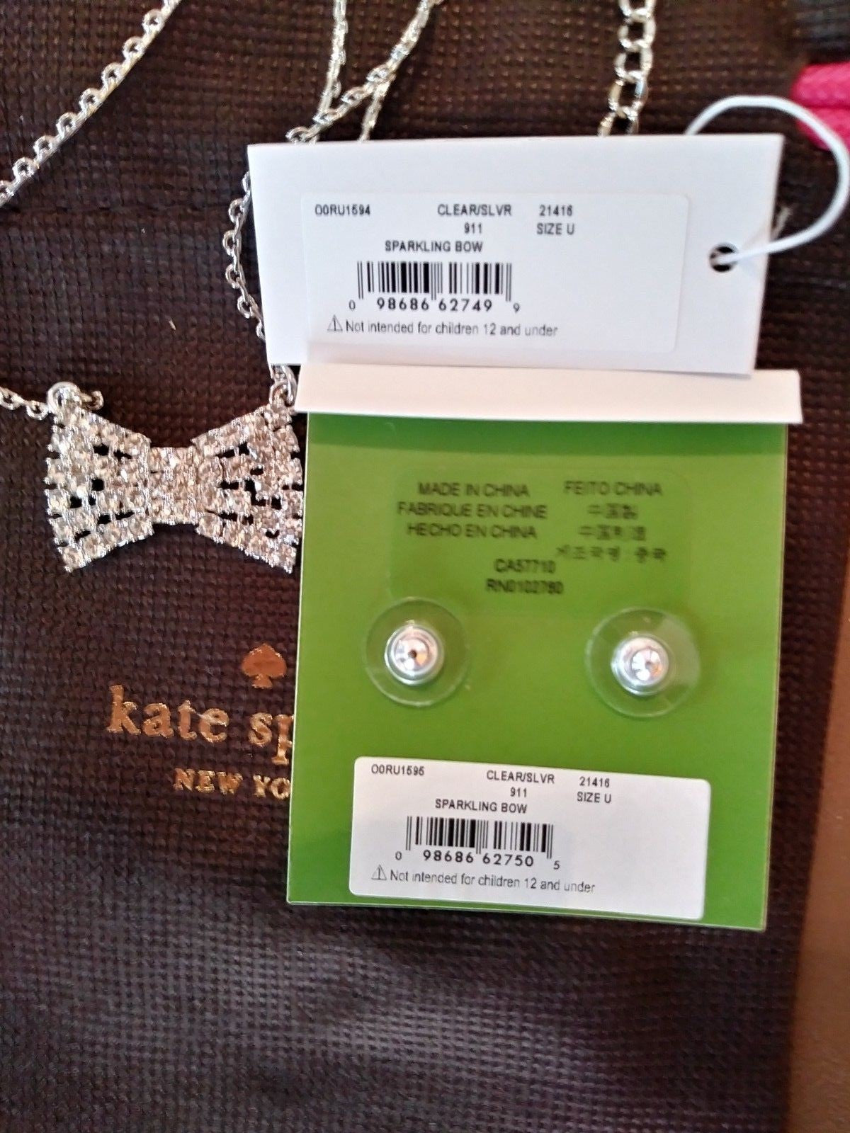 Kate Spade Bow diamond Earrings + Necklace Wedding Disney Holiday gift ?? $189 -