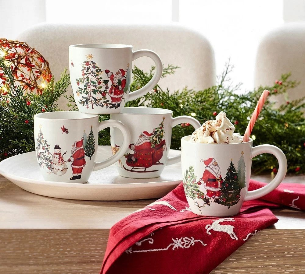 Pottery Barn Christmas Holiday Snowman Coffee Cup Mug Santa Deer Gift Kid SET 4