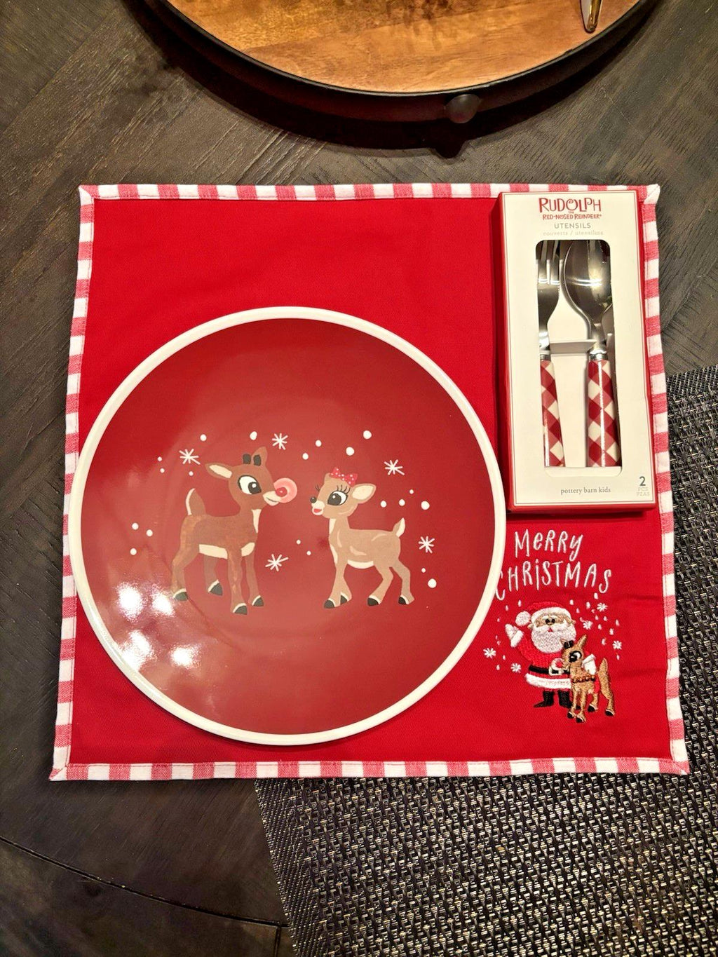 Pottery Barn Disney holiday DINNER SET PLATE Rudolph Santa gift Christmas kid