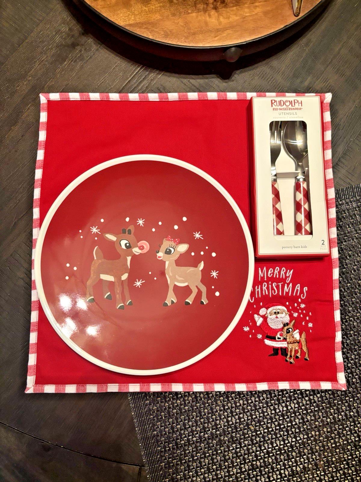 Pottery Barn Disney holiday DINNER SET PLATE Rudolph Santa gift Christmas kid