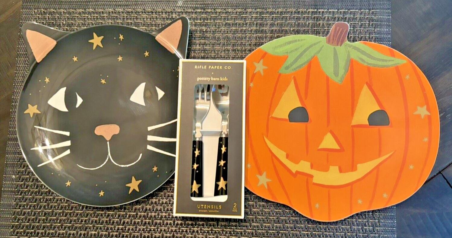 Pottery Barn Halloween Holiday party Black Cat Pumpkin dinner kids gift SET 12 \