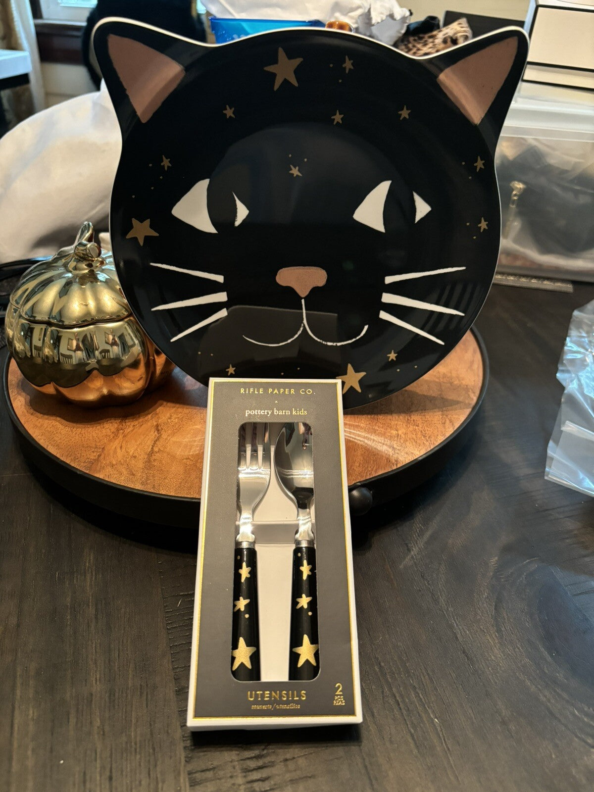 Pottery Barn Halloween Holiday party Black Cat Pumpkin dinner kids gift SET 12 \