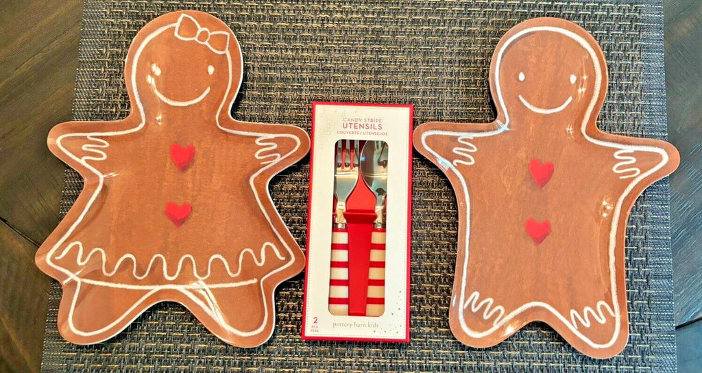 Pottery Barn Christmas Gingerbread PLATE + Candy Cane UTENSIL holiday SET 3 n
