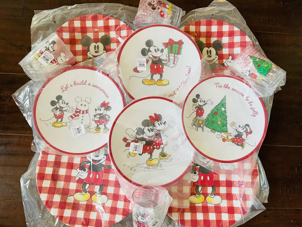 Pottery Barn DINNER SET Holiday Mickey Mouse Christmas Disney plate Kid party 4