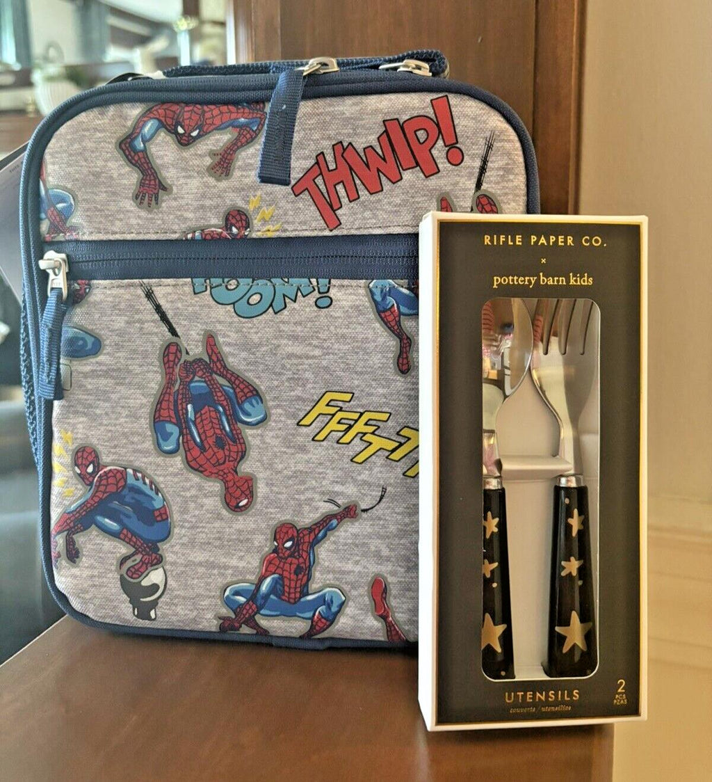 Pottery Barn School Marvel Avengers Spider-Man Super LUNCH BOX BAG+Utensil Set .