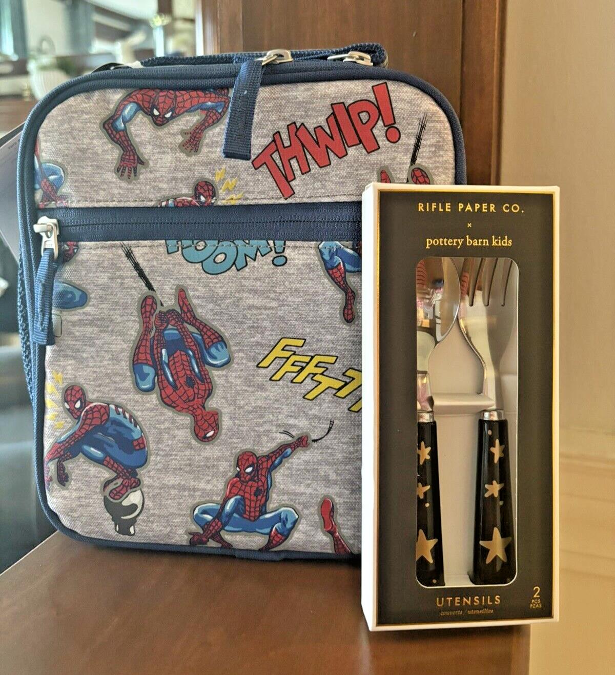 Pottery Barn School Marvel Avengers Spider-Man Super LUNCH BOX BAG+Utensil Set .