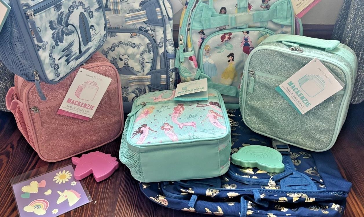 Pottery Barn School Disney Glitter Snoopy LUNCH BOX travel Bag set Barbie girl .