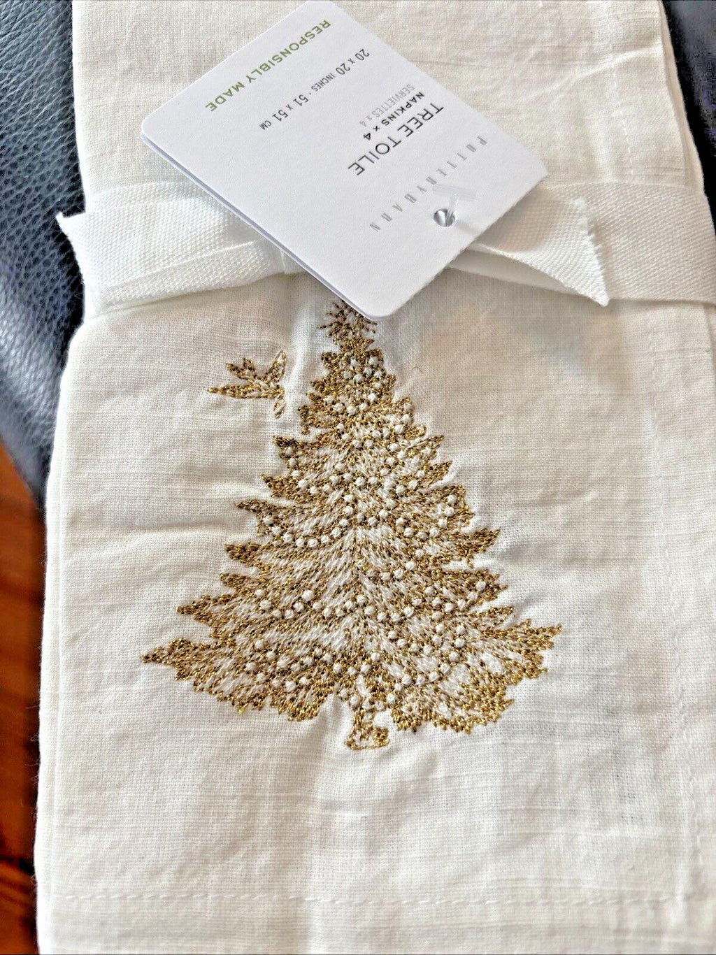 Pottery barn Holiday gold Party Napkin Christmas Tree bird wedding Toile SET 4 \
