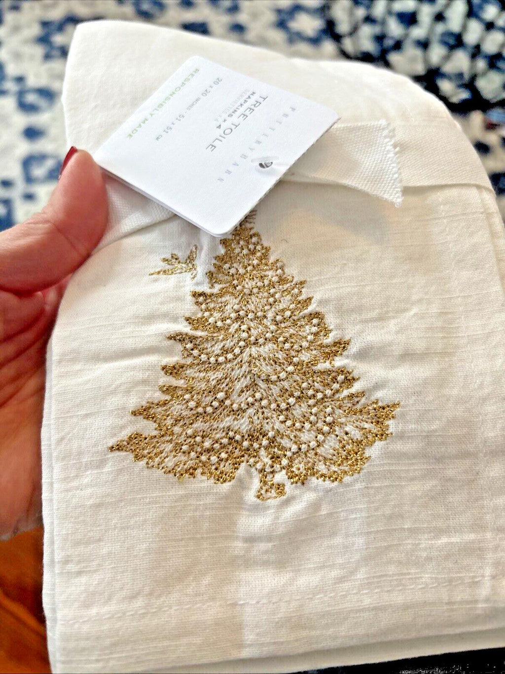 Pottery barn Holiday gold Party Napkin Christmas Tree bird wedding Toile SET 4 \