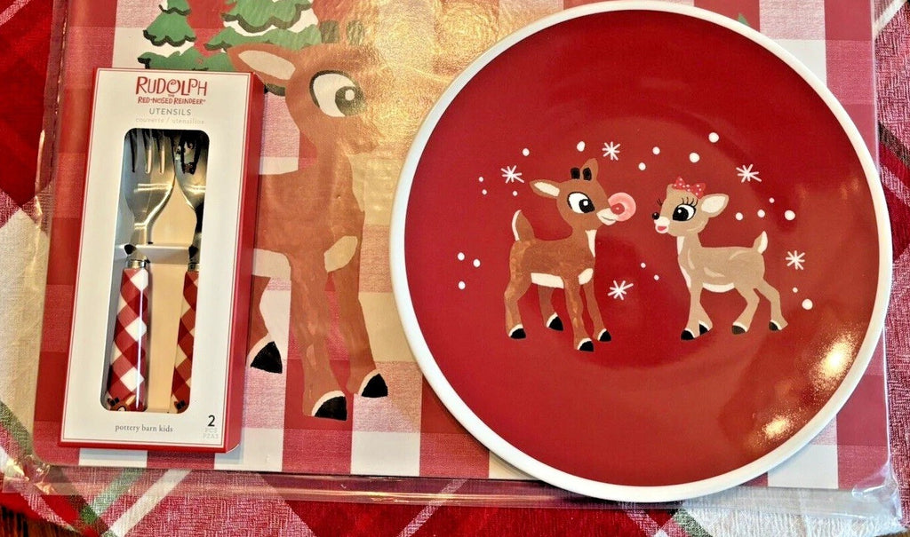 Pottery Barn holiday Rudolph Reindeer Clarice Christmas PLATE+ UTENSIL party [