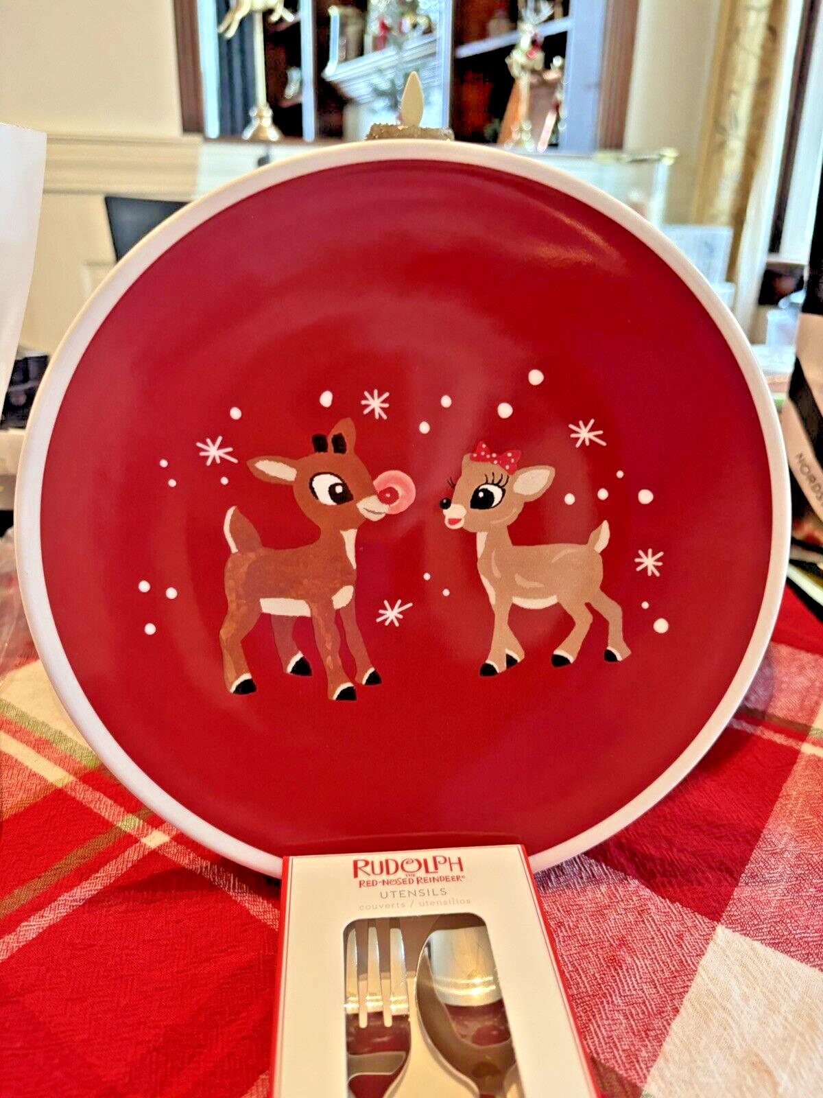 Pottery Barn holiday Rudolph Reindeer Clarice Christmas PLATE+ UTENSIL party [