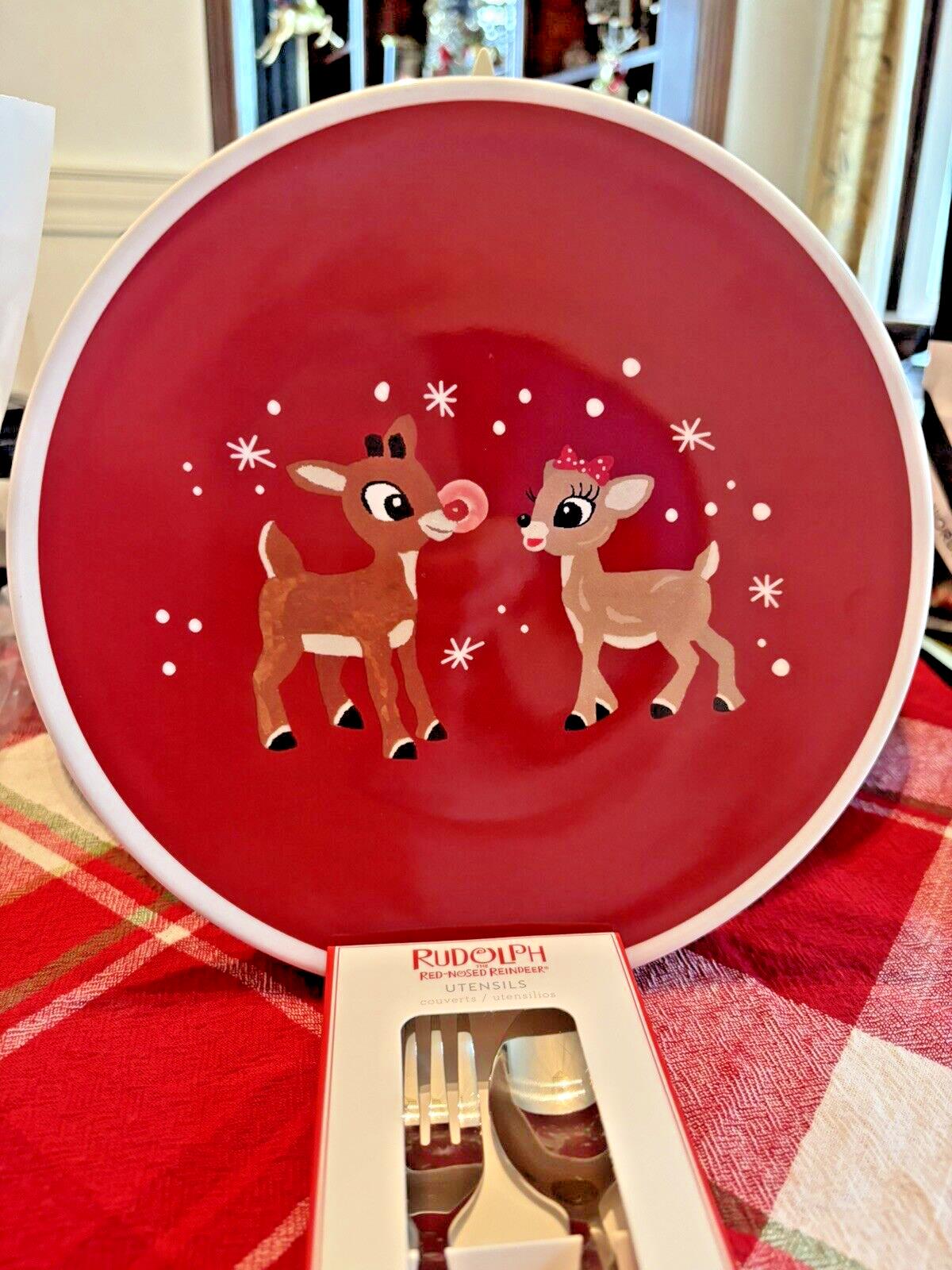 Pottery Barn holiday Rudolph Reindeer Clarice Christmas PLATE+ UTENSIL party [