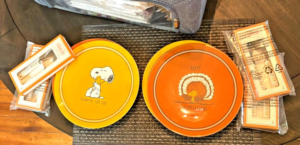 Pottery Barn holiday SNOOPY PLATE+UTENSIL Peanuts Disney Dinner Kid SET 8 \