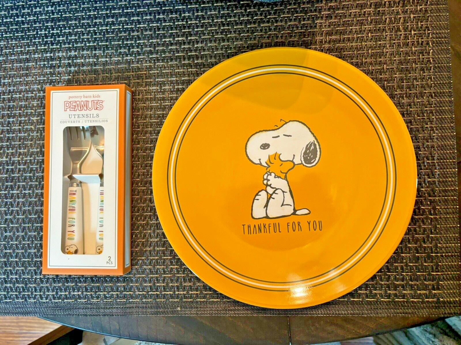 Pottery Barn holiday SNOOPY PLATE+UTENSIL Peanuts Disney Dinner Kid SET 8 \