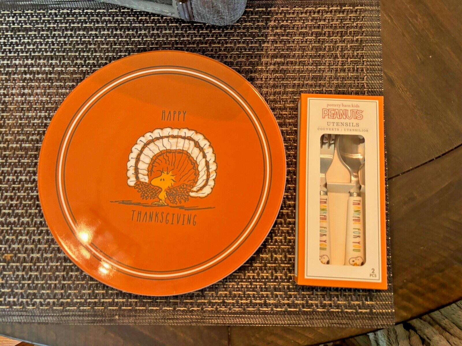 Pottery Barn holiday SNOOPY PLATE+UTENSIL Peanuts Disney Dinner Kid SET 8 \
