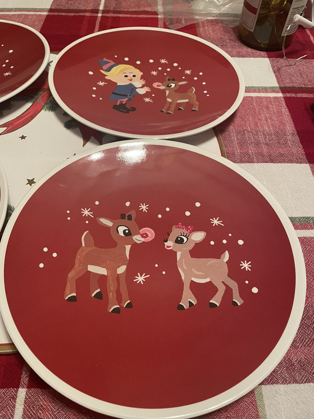 Pottery Barn holiday Christmas Rudolph Bumble Hermey Disney DINNER PLATE SET 4 -