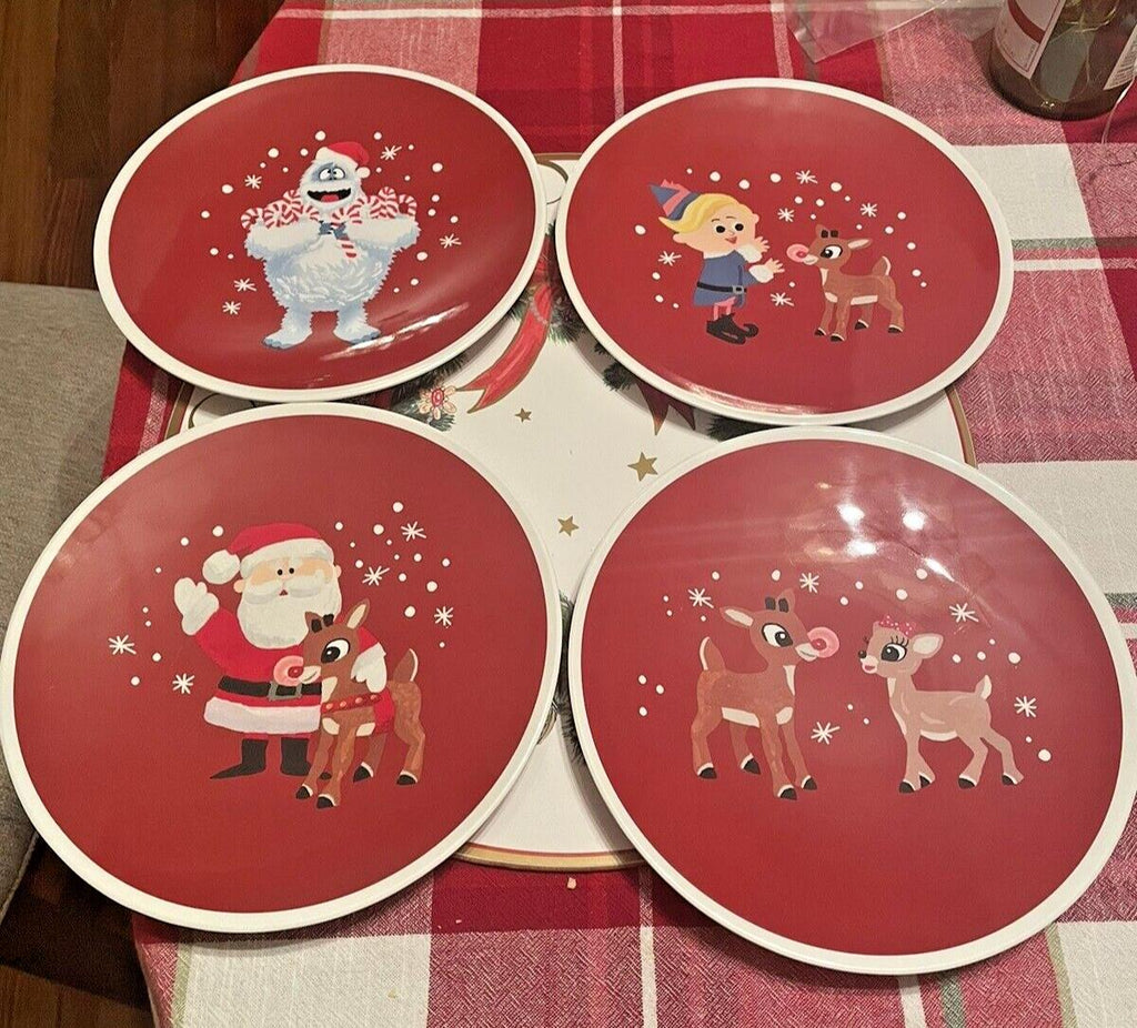 Pottery Barn holiday Christmas Rudolph Bumble Hermey Disney DINNER PLATE SET 4 -