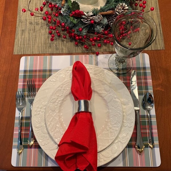 Pottery Barn Disney holiday PLAID placemat Stewart Santa Christmas party Red -