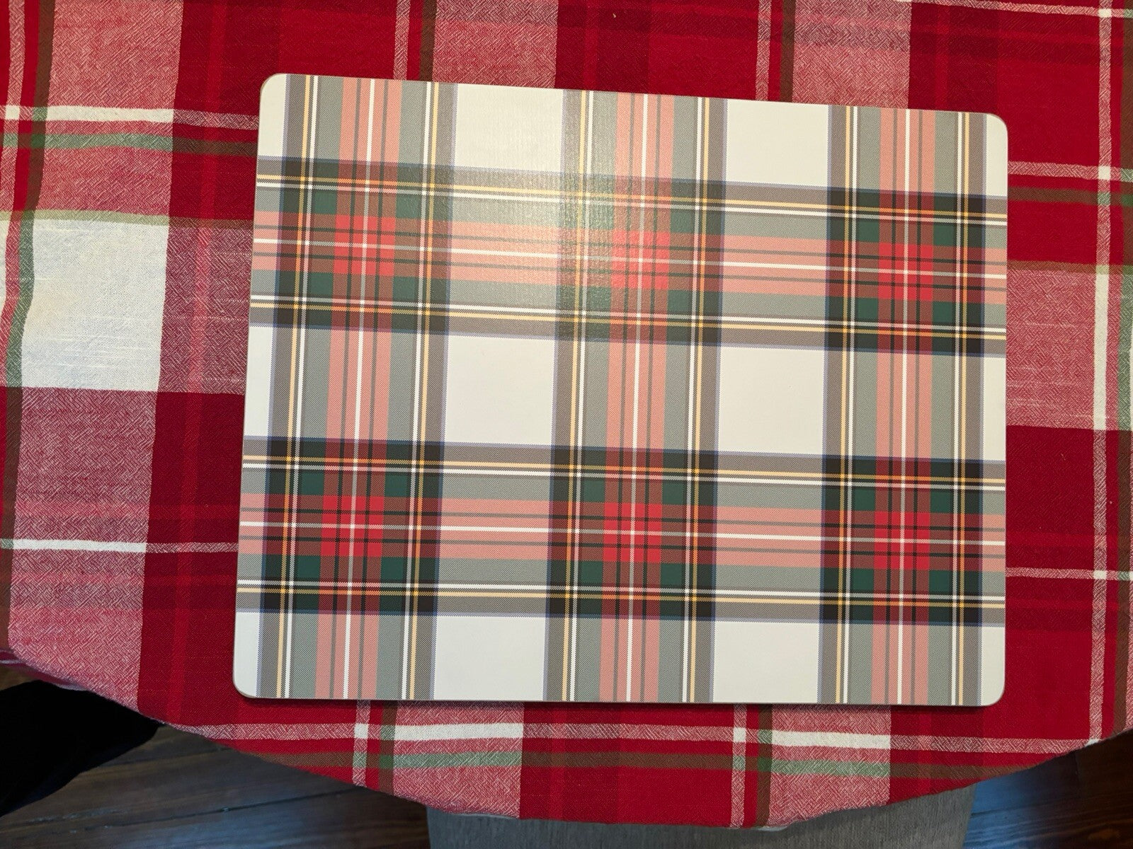 Pottery Barn Disney holiday PLAID placemat Stewart Santa Christmas party Red -