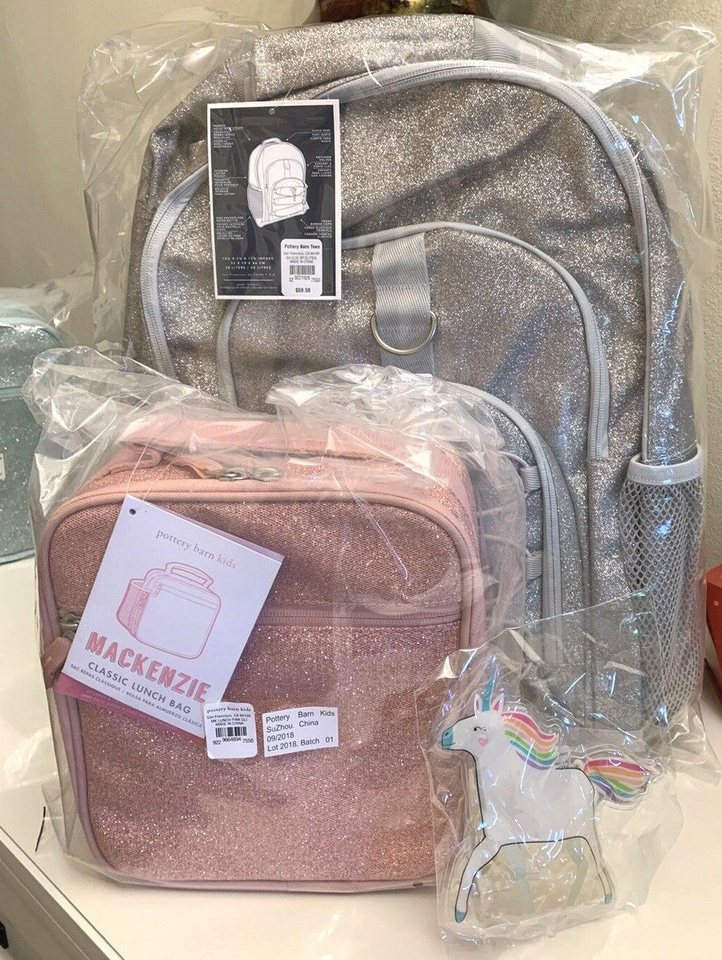 School Pottery Barn glitter Backpack LARGE Ombre +Disney Pink Lunch Box bag ?? .