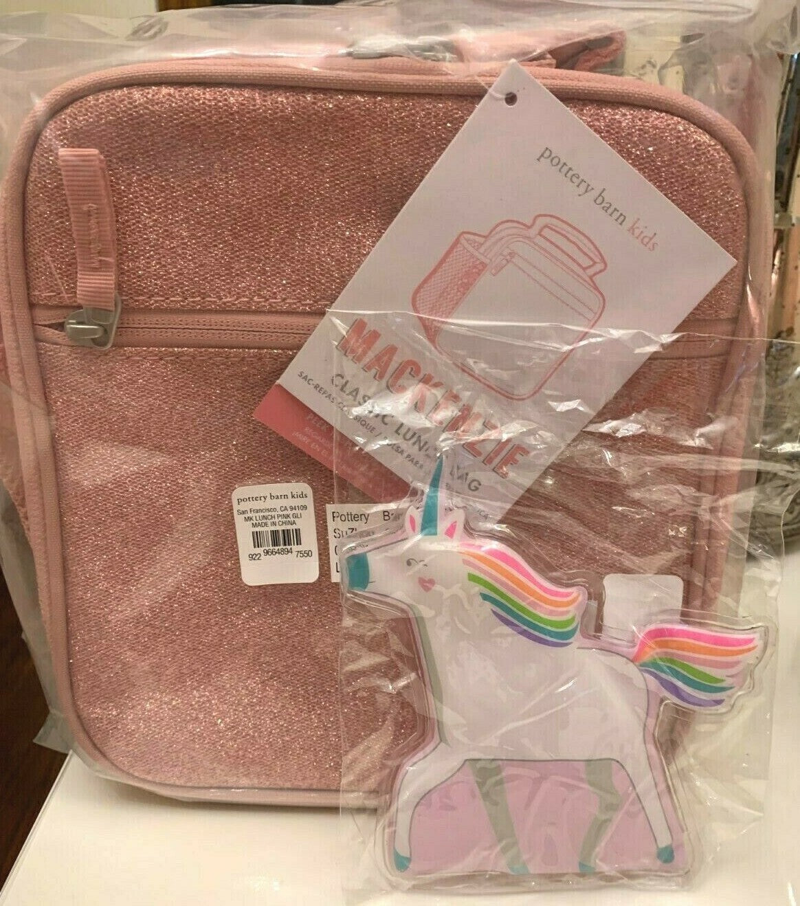 School Pottery Barn glitter Backpack LARGE Ombre +Disney Pink Lunch Box bag ?? .
