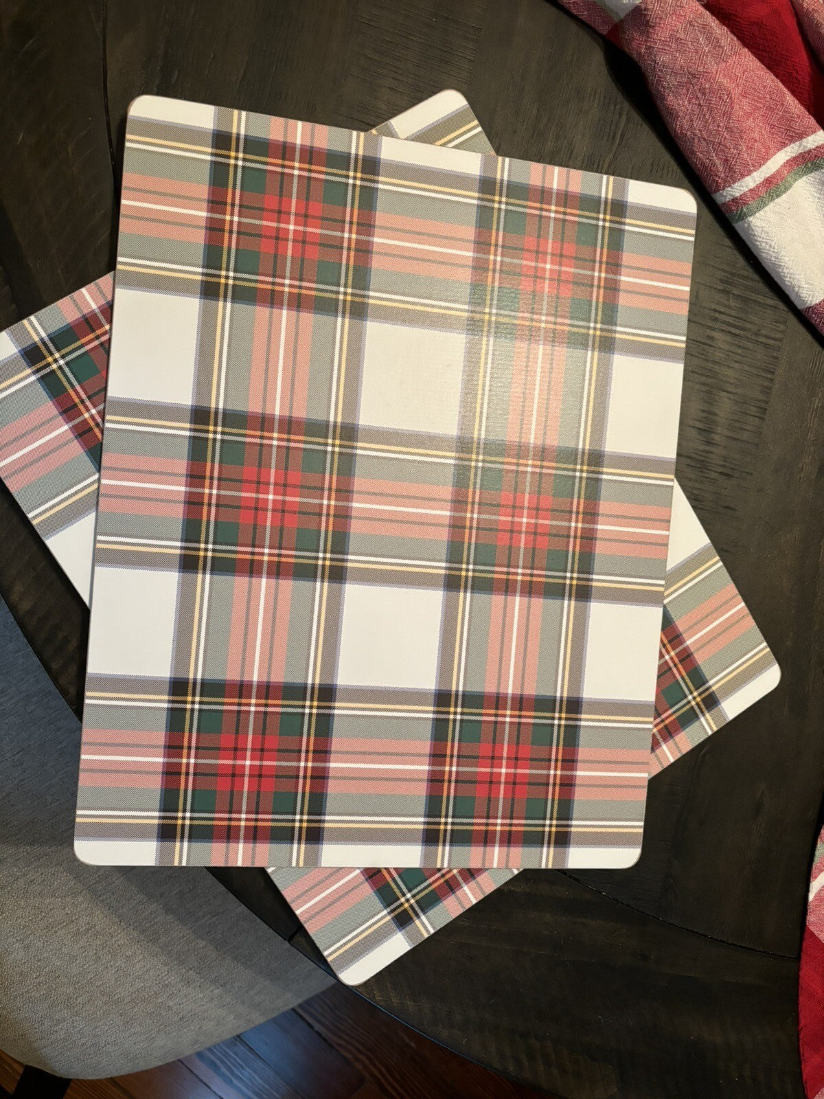 Pottery Barn Disney holiday PLAID placemat Stewart Santa Christmas party Red -