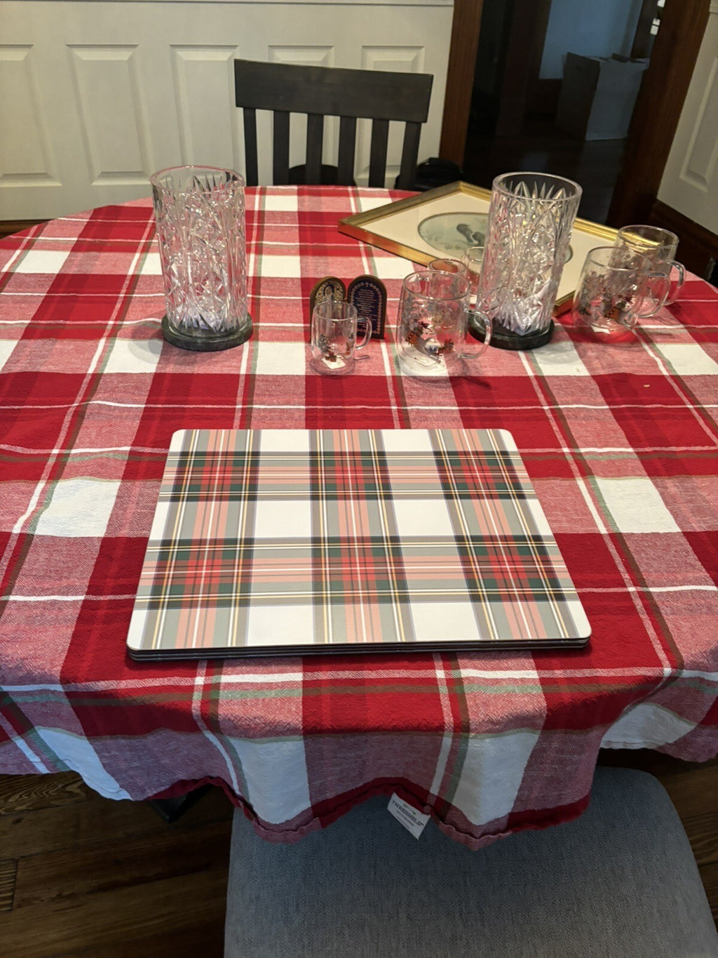 Pottery Barn Disney holiday PLAID placemat Stewart Santa Christmas party Red -