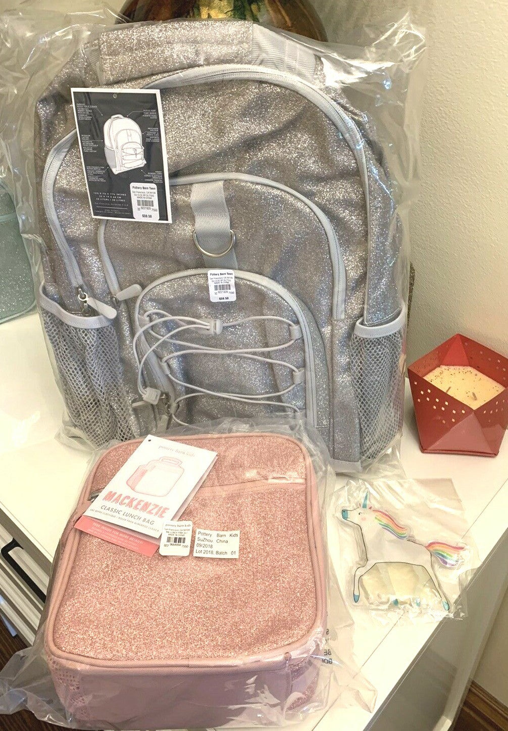 School Pottery Barn glitter Backpack LARGE Ombre +Disney Pink Lunch Box bag ?? .