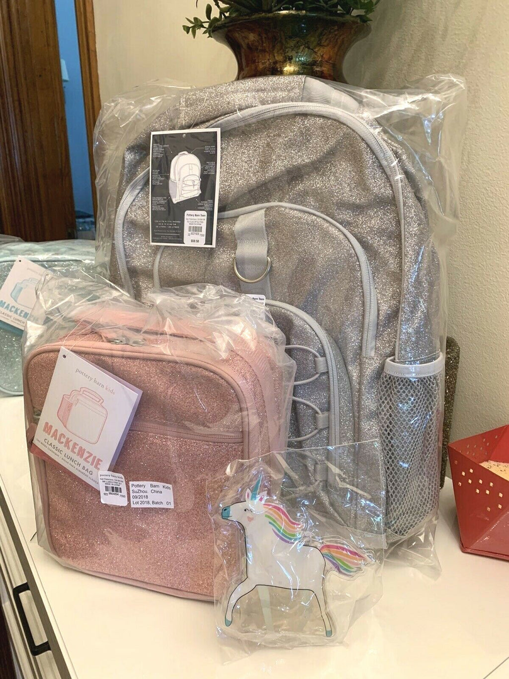 School Pottery Barn glitter Backpack LARGE Ombre +Disney Pink Lunch Box bag ?? .