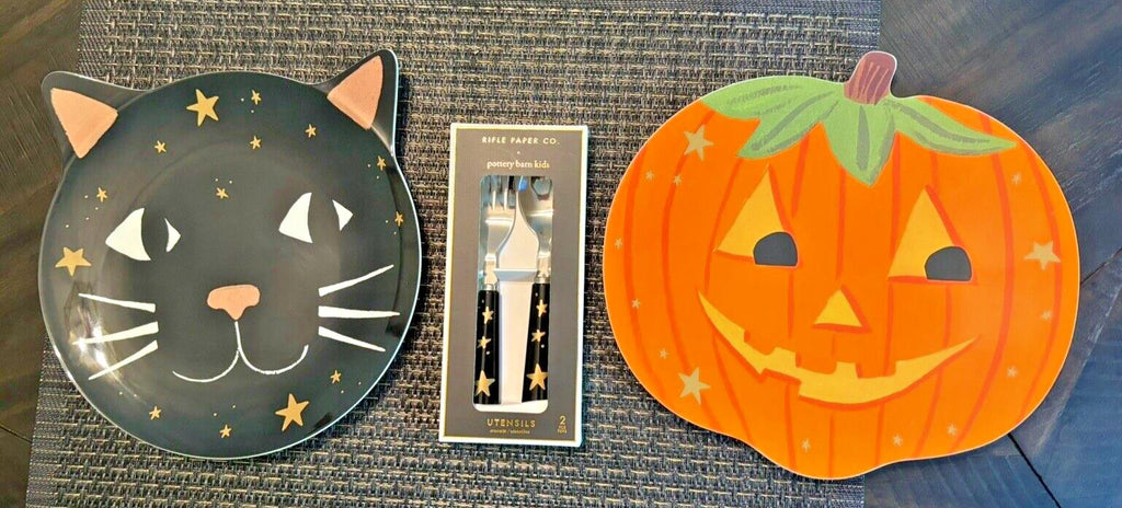 Pottery Barn Plate Halloween Holiday party Black Cat Pumpkin Disney kids SET 4 n
