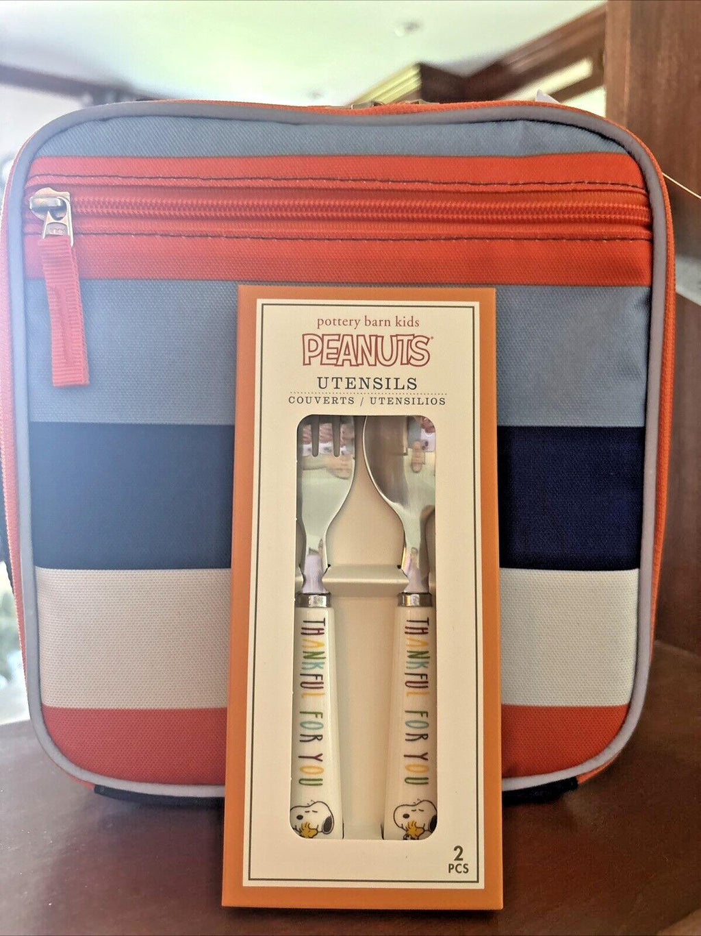Snoopy Pottery Barn LUNCH BOX BAG School Utensil set Disney boy pre k -