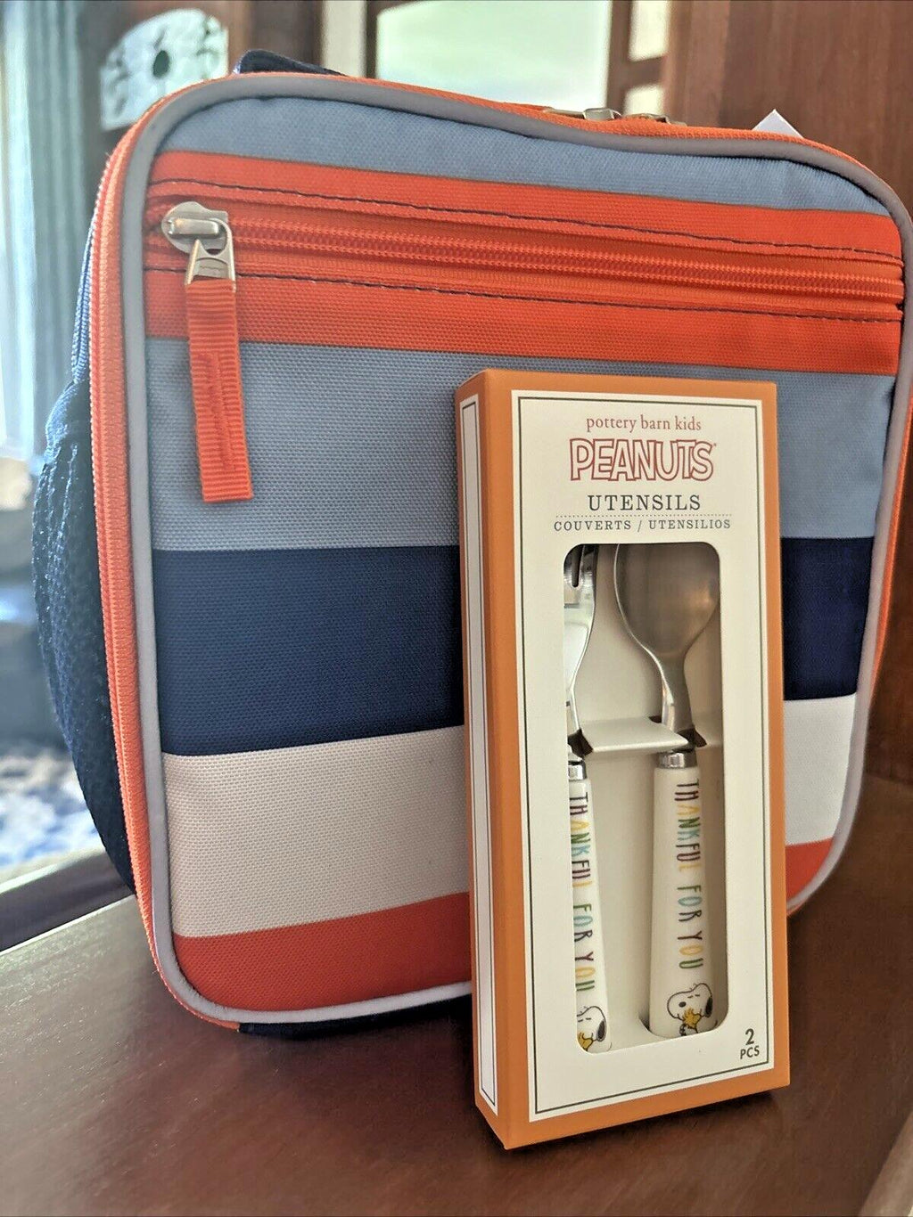 Snoopy Pottery Barn LUNCH BOX BAG School Utensil set Disney boy pre k -