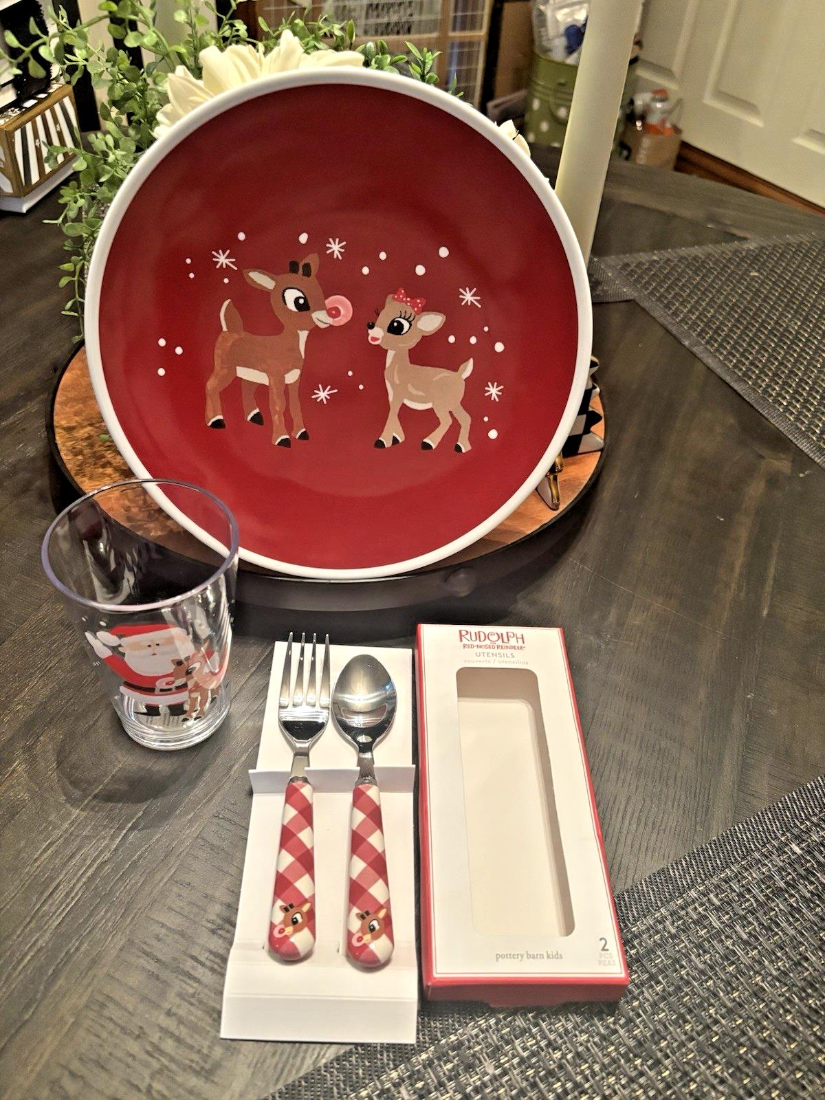 Pottery Barn Rudolph holiday Santa Christmas DINNER SET Plaid party Gift Disney