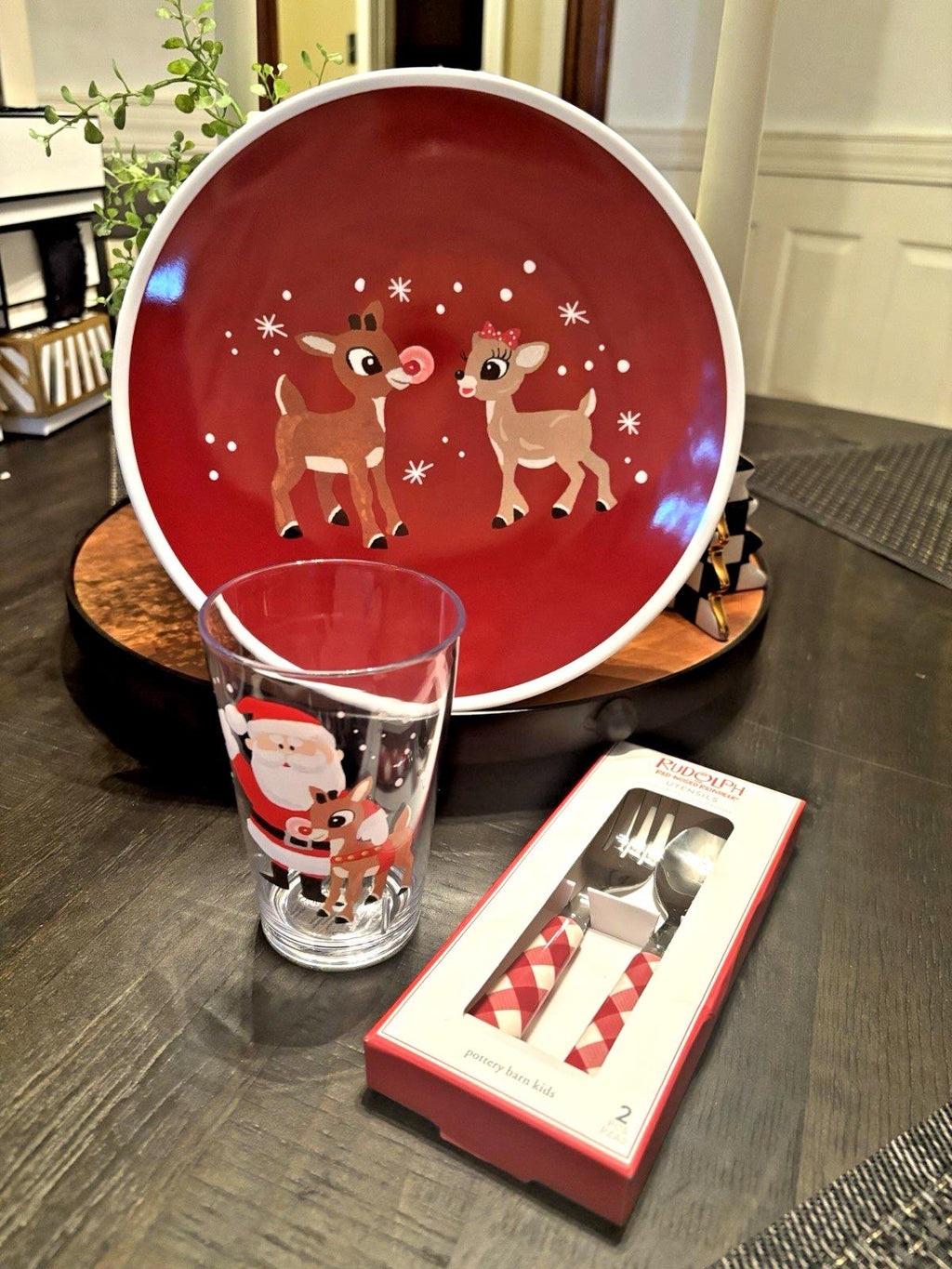 Pottery Barn Rudolph holiday Santa Christmas DINNER SET Plaid party Gift Disney
