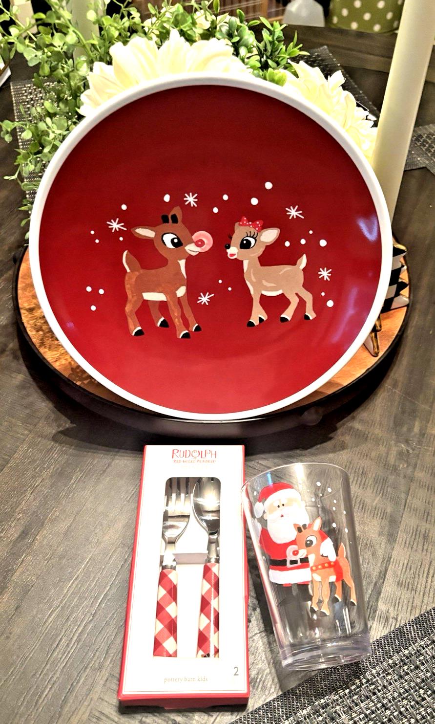 Pottery Barn Rudolph holiday Santa Christmas DINNER SET Plaid party Gift Disney