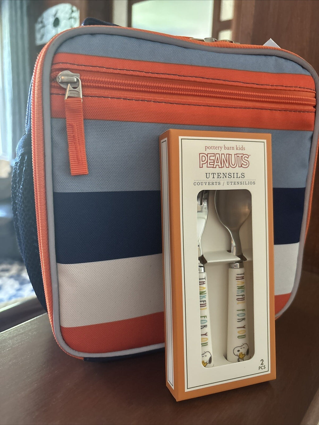 Snoopy Pottery Barn LUNCH BOX BAG School Utensil set Disney boy pre k -
