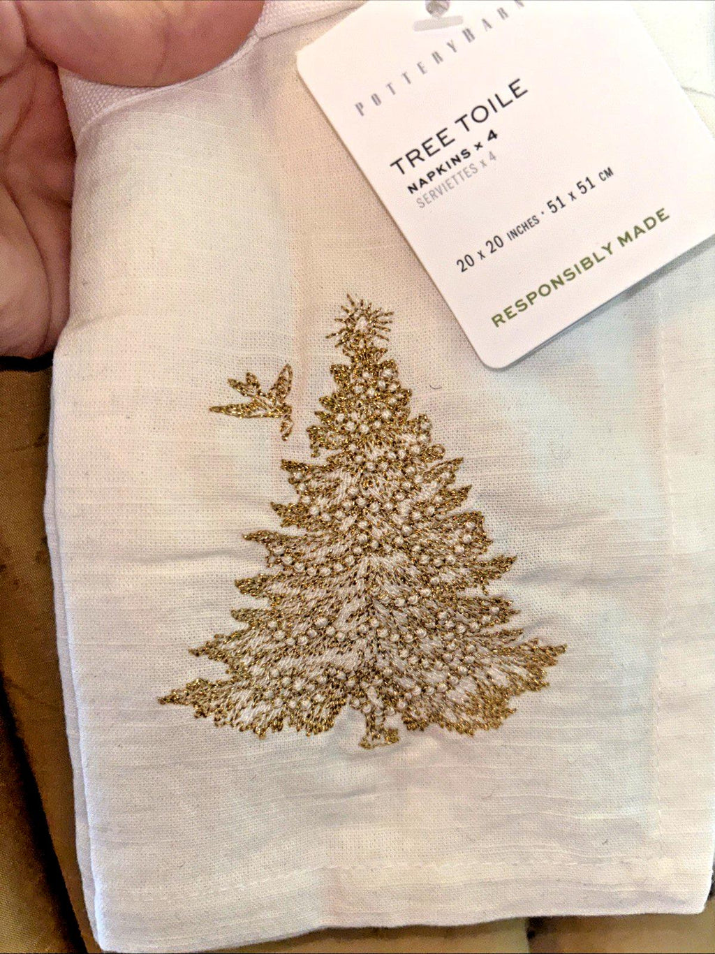 Pottery barn Holiday gold Party Napkin Christmas Tree bird wedding Toile SET 4 .