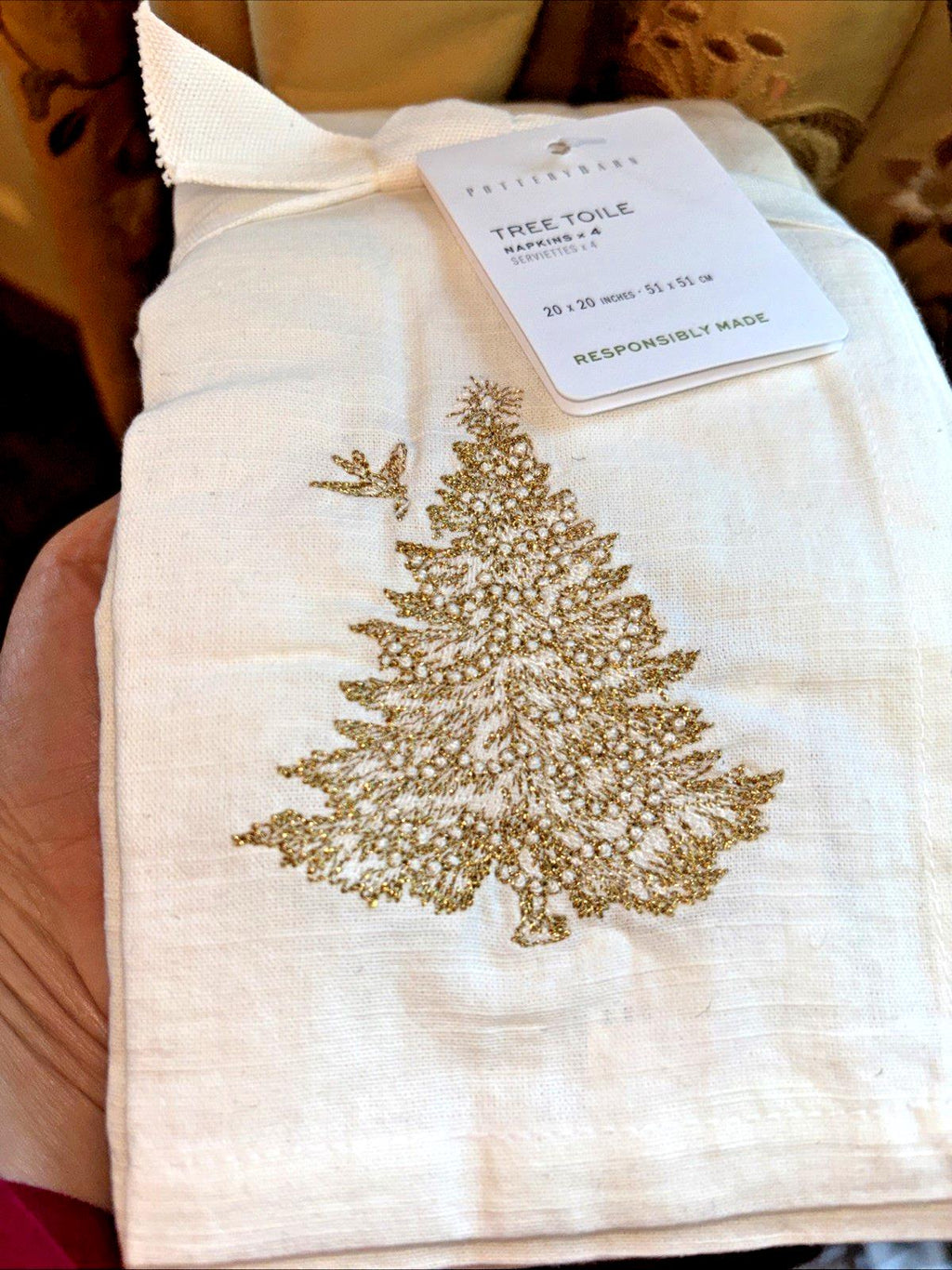 Pottery barn Holiday gold Party Napkin Christmas Tree bird wedding Toile SET 4 .