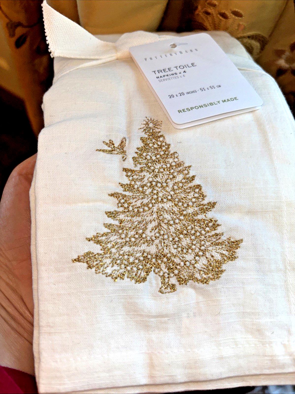 Pottery barn Holiday gold Party Napkin Christmas Tree bird wedding Toile SET 4 .