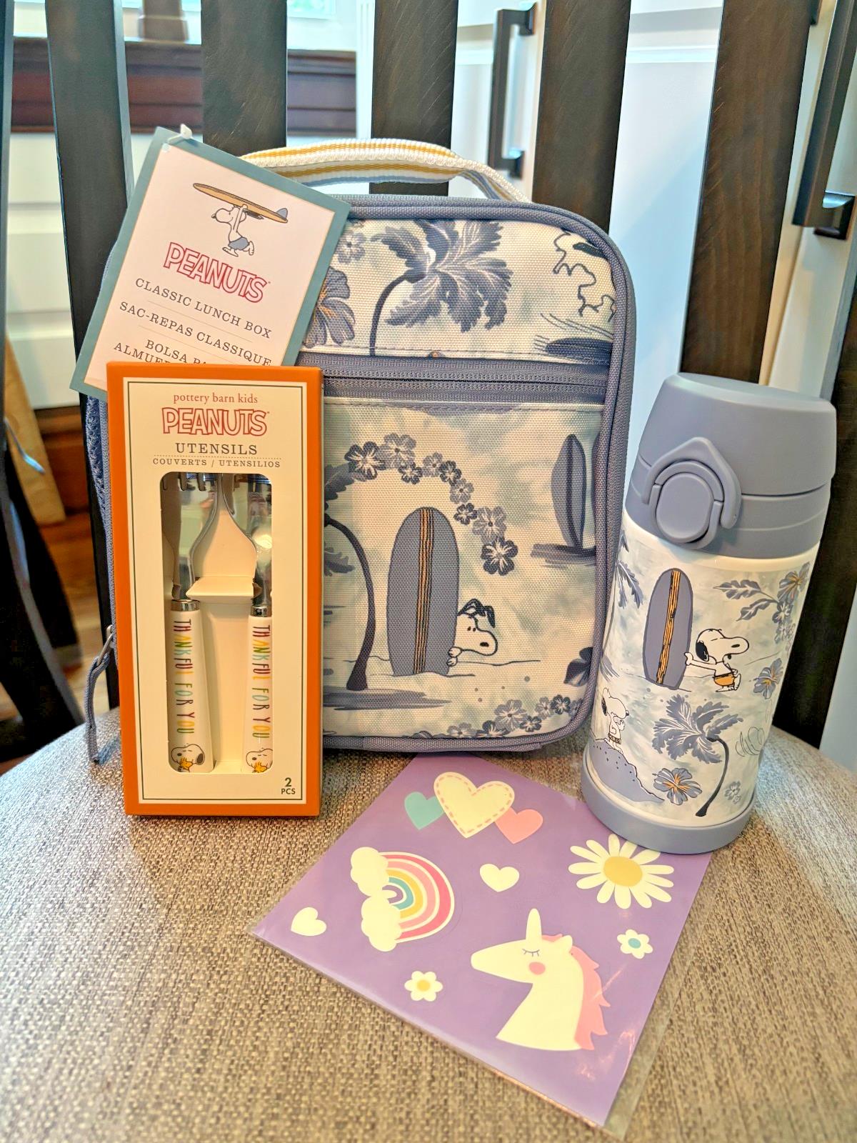 SNOOPY Pottery barn school kids LUNCH Bag Peanuts WATER Disney Travel SET Gift .