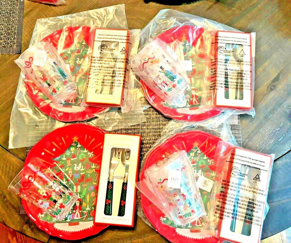Pottery Barn holiday PLATE UTENSIL Christmas Candy cane Nutcracker party Set 8 !
