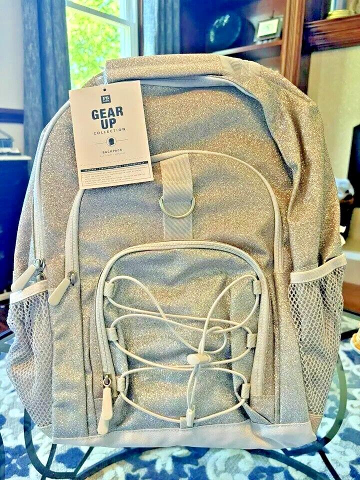 Pottery Barn LARGE Backpack Gear Up Ombre Glitter School silver Gold girl .