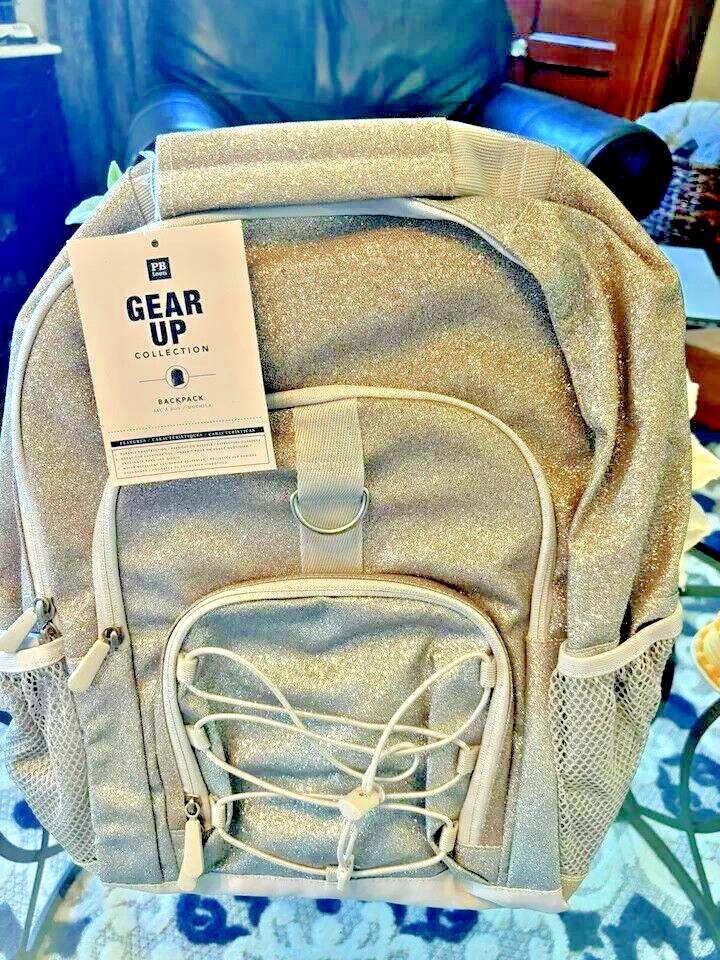 Pottery Barn LARGE Backpack Gear Up Ombre Glitter School silver Gold girl .