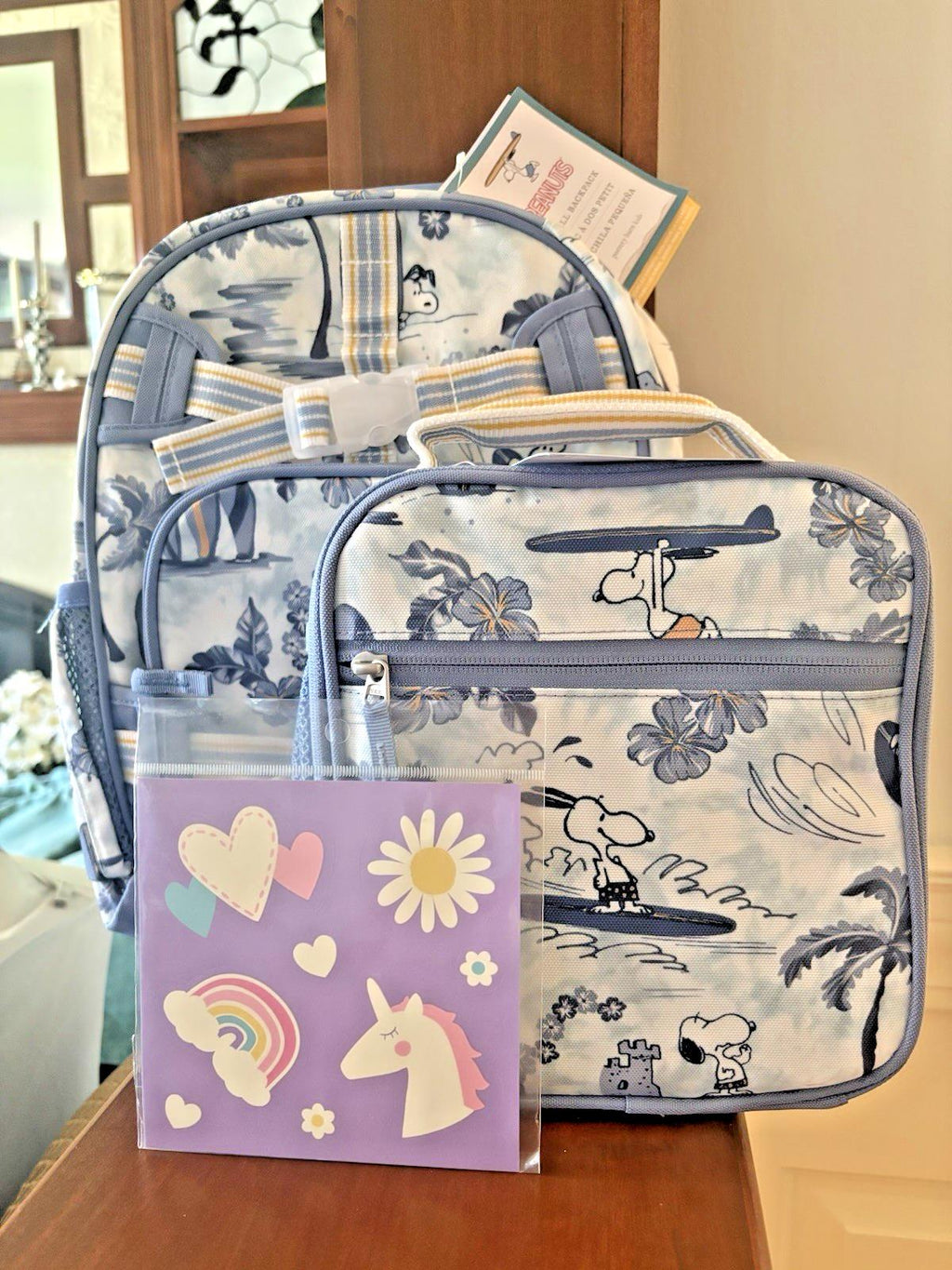 School Pottery barn SNOOPY BACKPACK +LUNCH BOX BAG Peanuts beach travel girl .