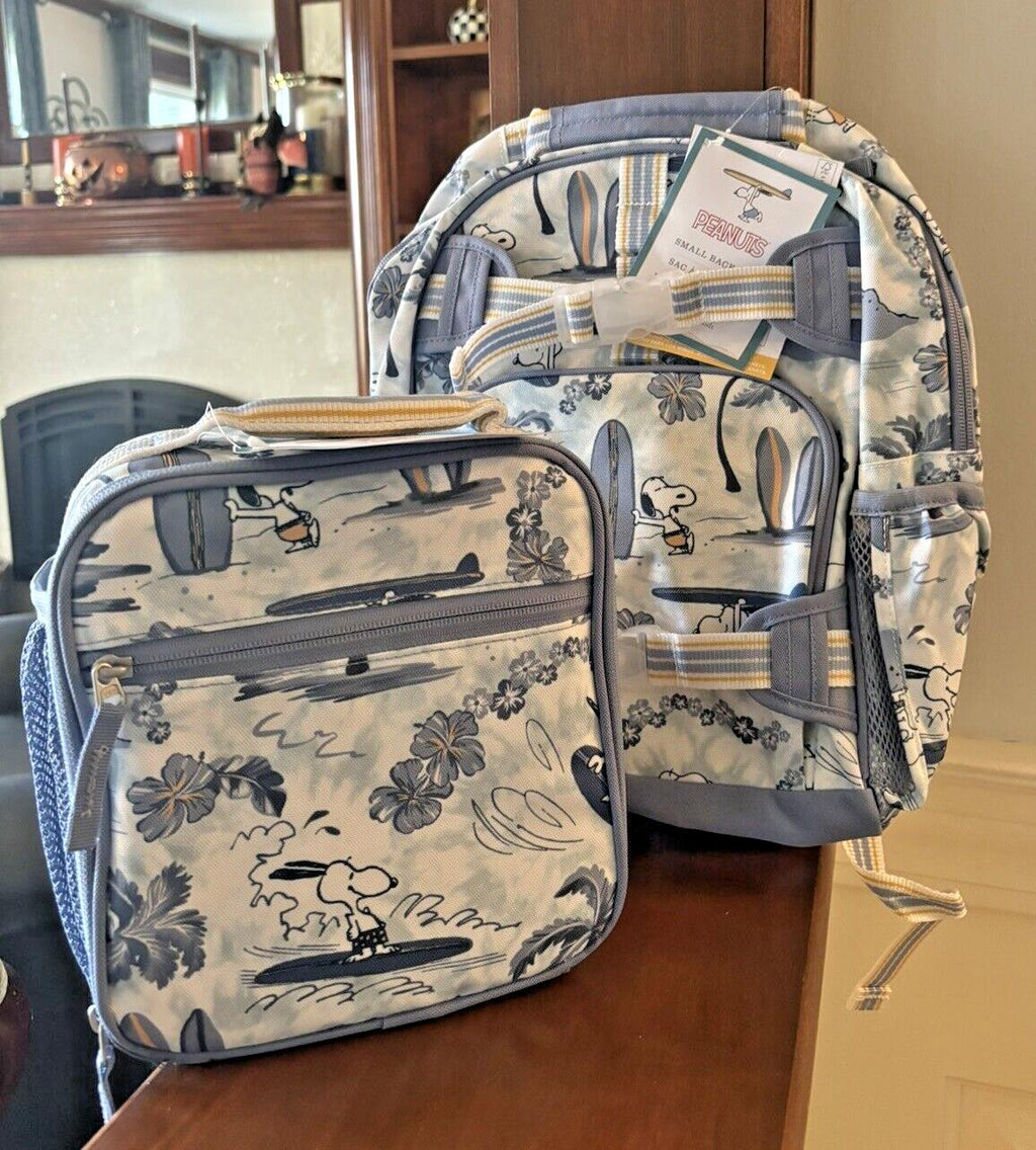 School Pottery barn SNOOPY BACKPACK +LUNCH BOX BAG Peanuts beach travel girl .