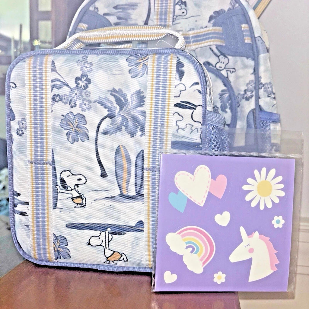 School Pottery barn SNOOPY BACKPACK +LUNCH BOX BAG Peanuts beach travel girl .