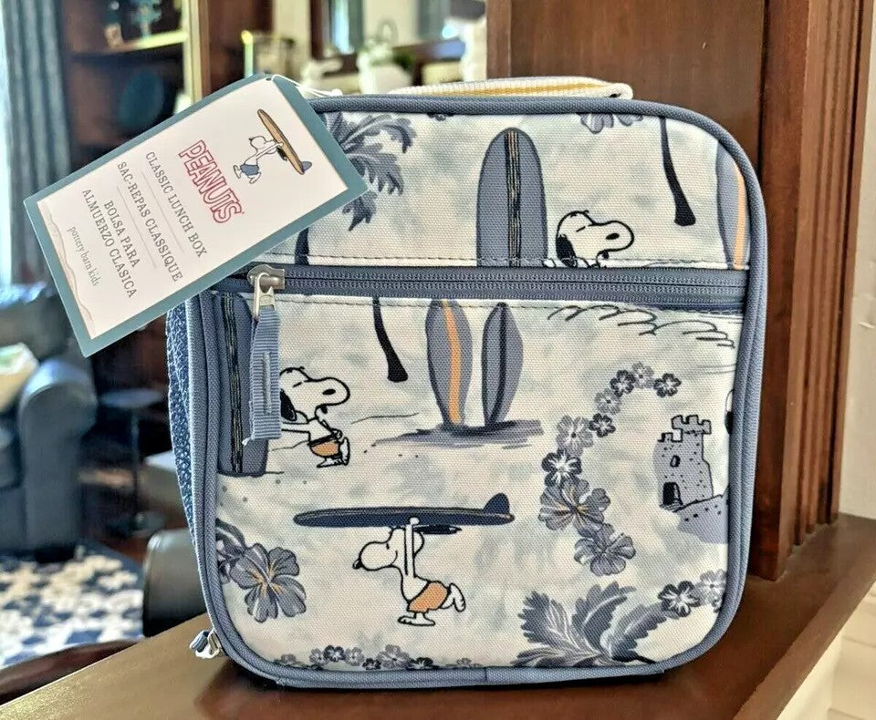 School Pottery barn SNOOPY BACKPACK +LUNCH BOX BAG Peanuts beach travel girl .