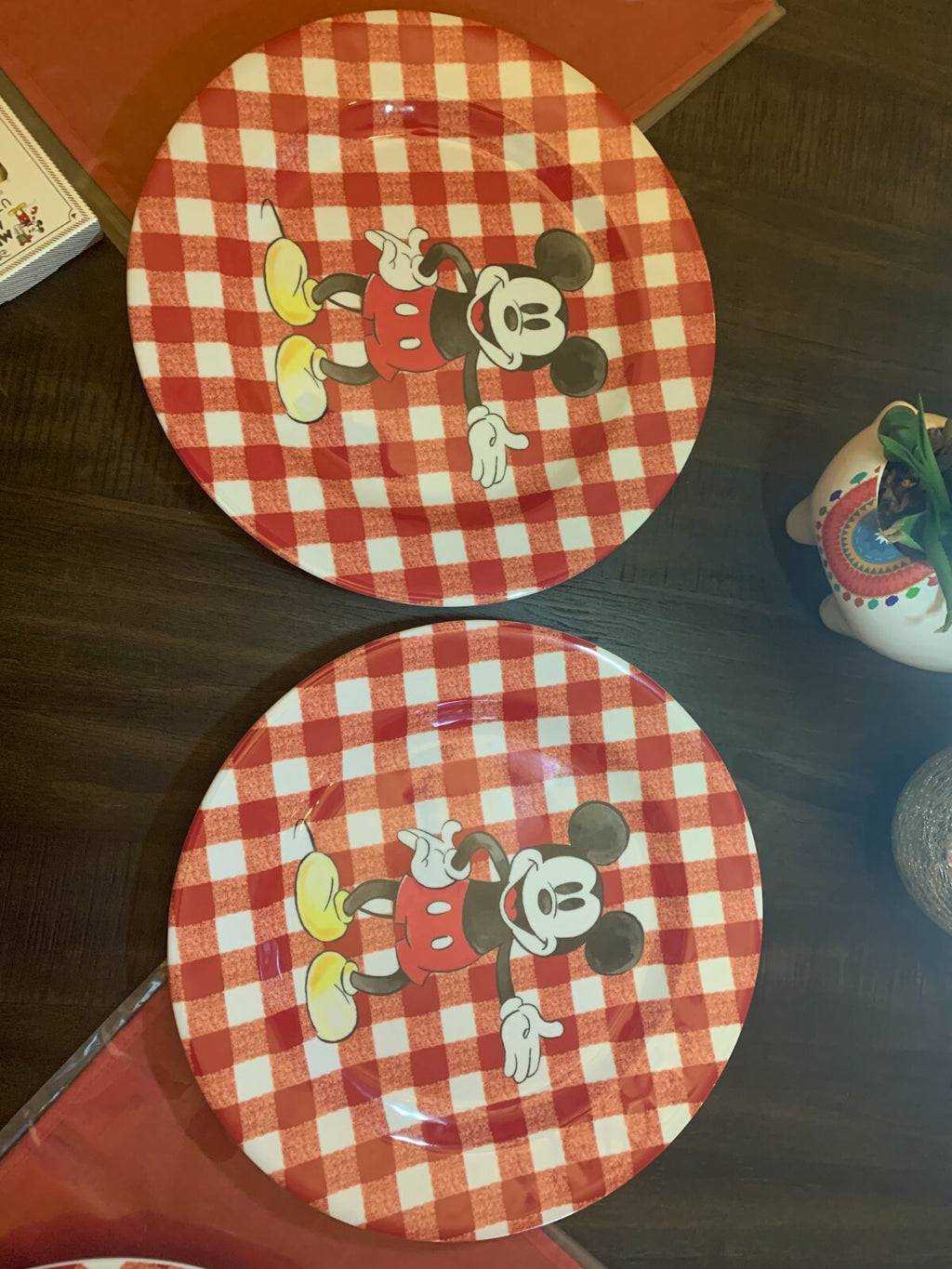Disney Pottery Barn Dinner Set Mickey Mouse holiday Plate Christmas plaid party