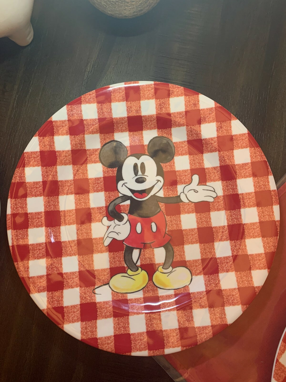 Disney Pottery Barn Dinner Set Mickey Mouse holiday Plate Christmas plaid party