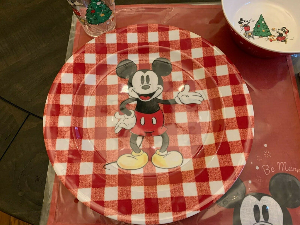 Disney Pottery Barn Dinner Set Mickey Mouse holiday Plate Christmas plaid party